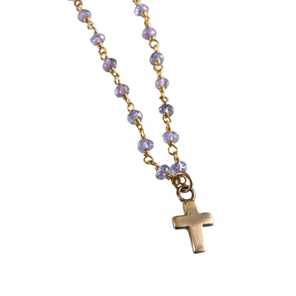 18” 18k Gold Tanzanite Bead Cross Charm Necklace